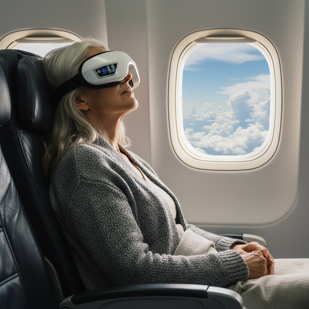 A woman with gray hair sits in an airplane seat by a window, wearing a white eye massager. The scene is softly lit, with clouds visible outside the airplane window.