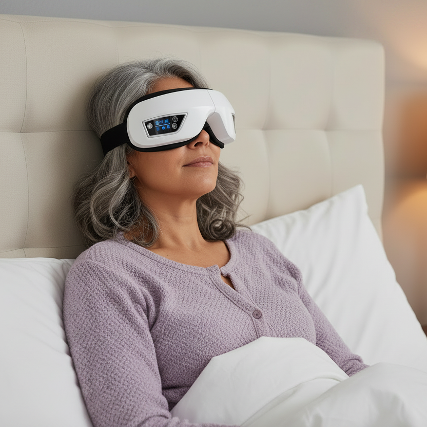 A woman with gray hair lies in bed wearing a white and black eye massager, with white pillows and a cream tufted headboard behind her.