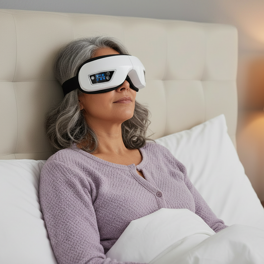 A woman with gray hair lies in bed wearing a white and black eye massager, with white pillows and a cream tufted headboard behind her.
