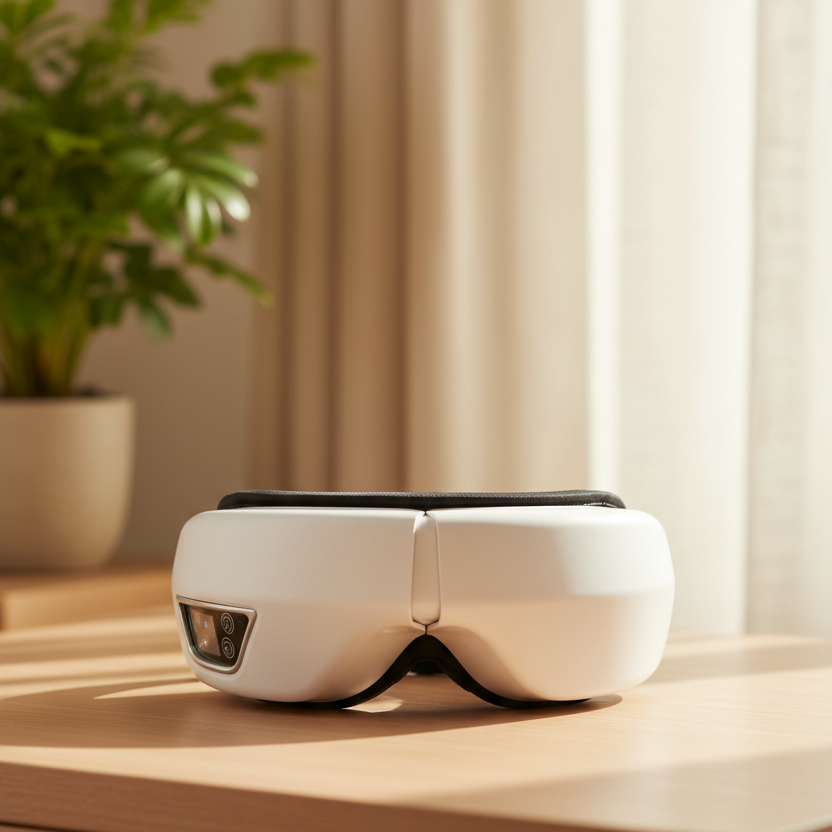 A white and black modern eye massager resting on a light wood table in a softly lit room with curtains and a blurred potted plant in the background.