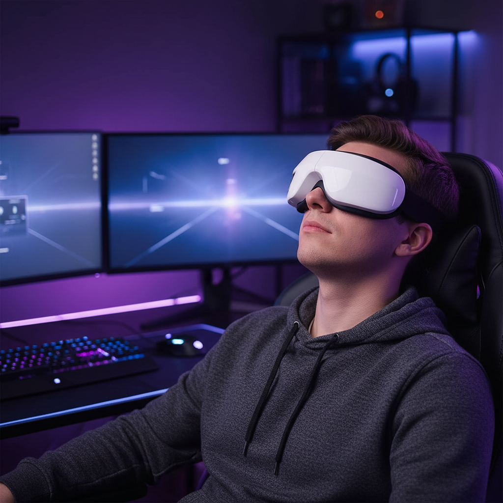 A man wearing a white and black eye massager sits in a gaming chair at his desk, with dual computer monitors, a keyboard, and ambient purple lighting in the background.