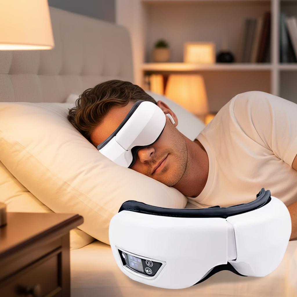 A man sleeping peacefully in bed wearing a white and dark gray eye massager, with the same thing shown prominently in the foreground on a bed in a cozy, softly lit bedroom.