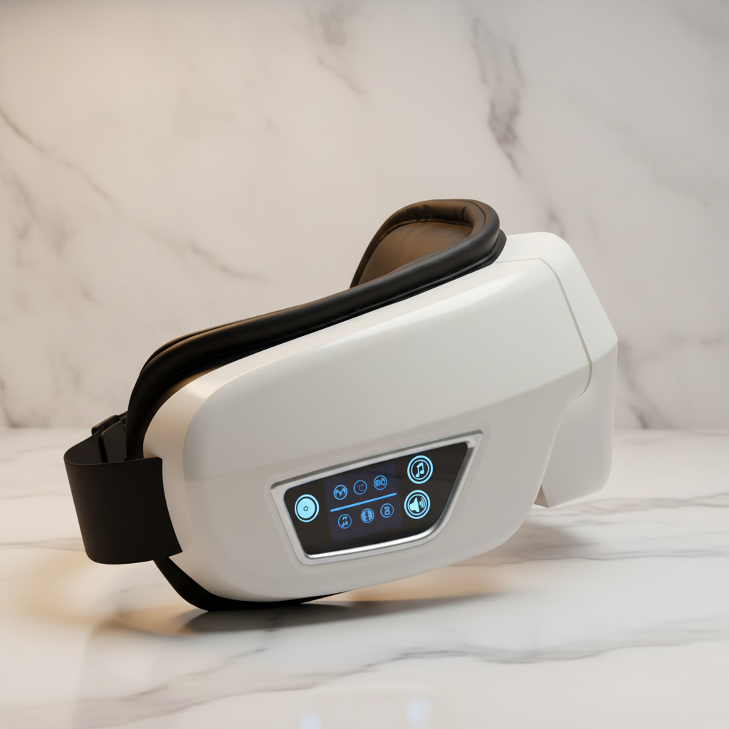 A white and black electronic eye massager with a digital control screen, resting on a white marble surface against a marble background.