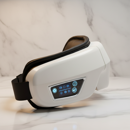 A white and black electronic eye massager with a digital control screen, resting on a white marble surface against a marble background.