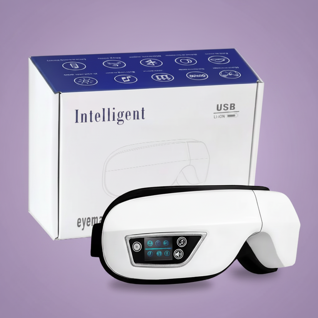 White and black electronic eye mask device shown in front of its white and blue retail box on a solid lavender background.