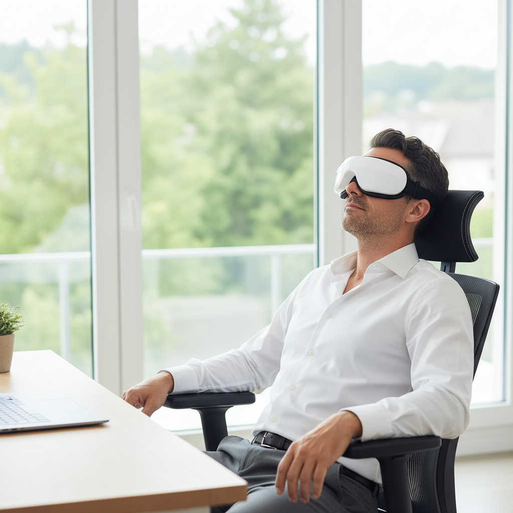 A man in a white button-down shirt sits in a black office chair by large windows, wearing a white eye massager. A wooden desk with a laptop is visible in the foreground, with a blurred outdoor background of green trees.