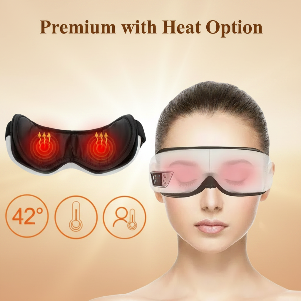 A woman wearing a clear and black heat-based eye massager is shown on a warm beige background, alongside a floating product rendering of the massager and icons indicating 42 degrees and heat function.