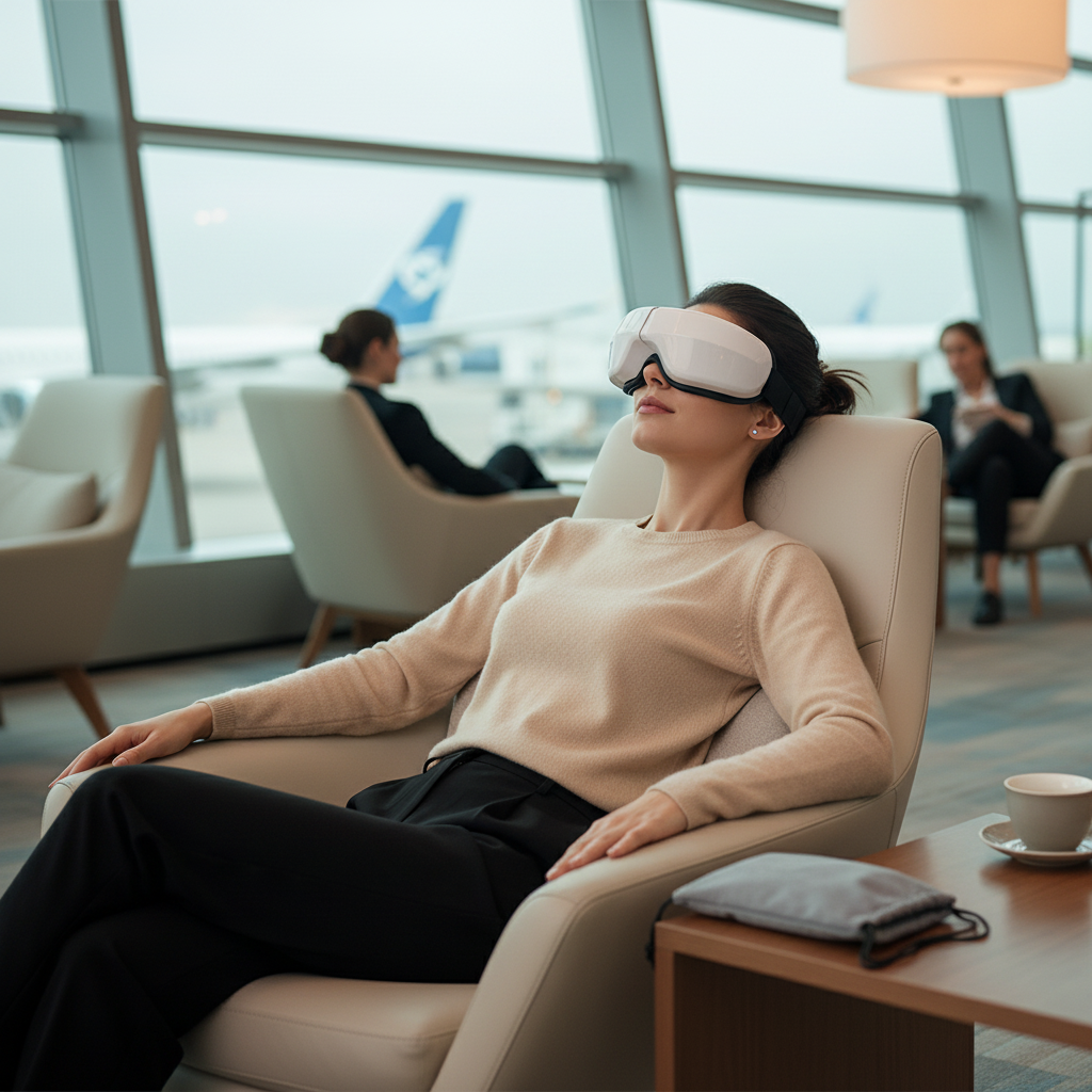 A woman relaxes in a beige lounge chair at an airport, wearing a white and black eye massager. Large windows in the background show other passengers and an airplane on the tarmac, with a small table holding a cup and a gray pouch in the foreground.