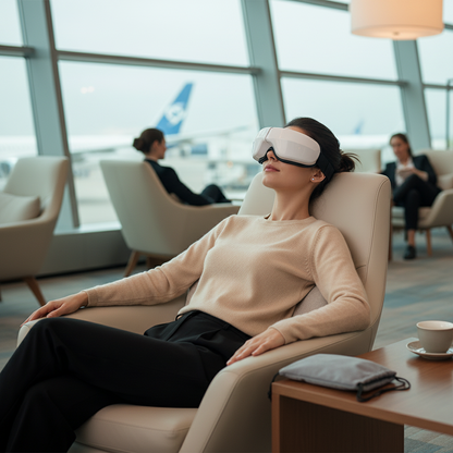A woman relaxes in a beige lounge chair at an airport, wearing a white and black eye massager. Large windows in the background show other passengers and an airplane on the tarmac, with a small table holding a cup and a gray pouch in the foreground.